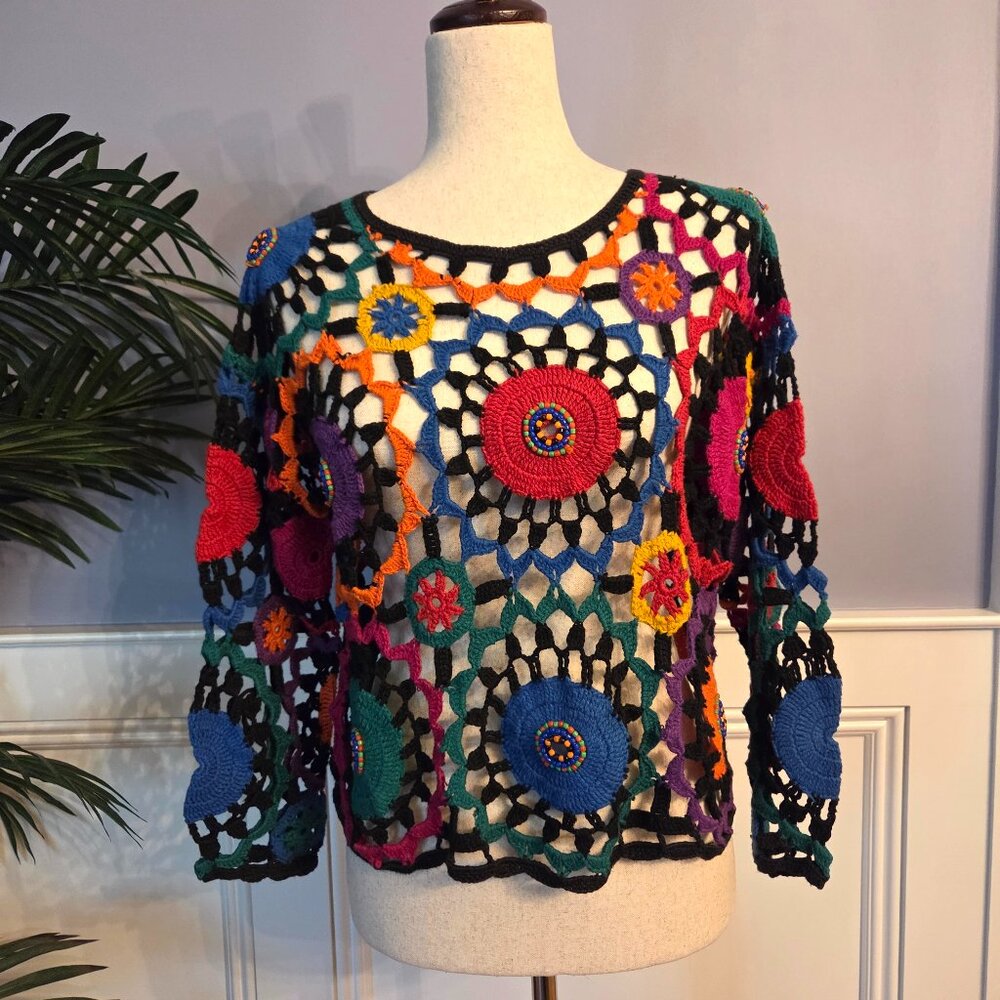 Vintage MY Crochet Top With Bright Colors & Some Beading Pullover
